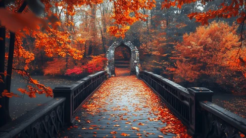 Autumn bridge gateway glows like a secret portal of fire.