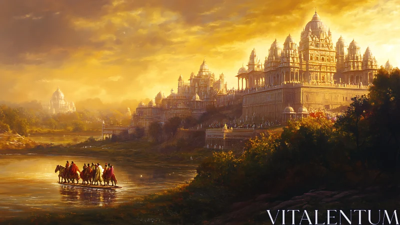 Golden river crossing before monumental palace complex.