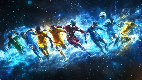 Soccer players sprint through cosmic blue energy field.