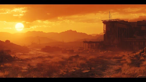 Desert wasteland sunset engulfs abandoned industrial ruins.