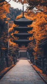 Serene pagoda rises through fiery autumn maple canopy