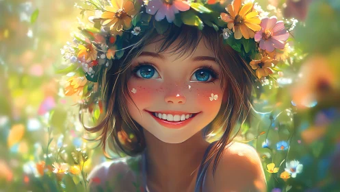 Sunlit flower-crowned girl with sparkling blue summer eyes.