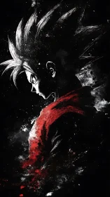 High-contrast anime warrior profile in splattered ink gloom.