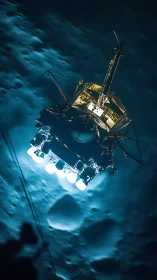 Lunar lander spacecraft descending with illuminated thrusters.
