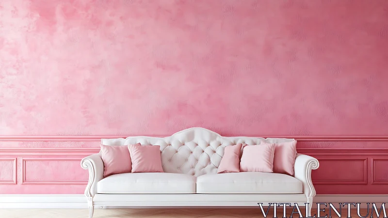 White tufted sofa is placed against textured pink wall