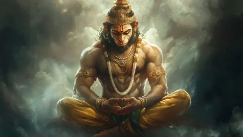 Divine simian warrior meditates in luminous storm clouds.