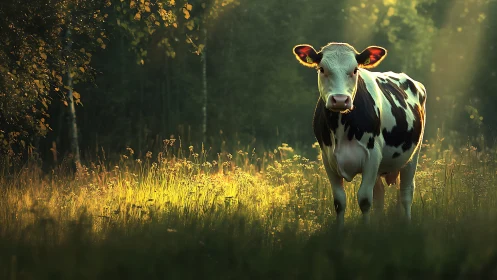 Cow stands in sunlit meadow with forest background
