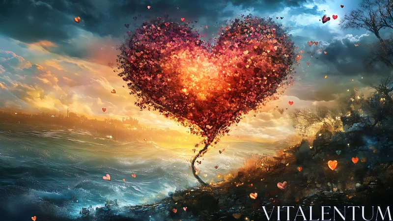 Luminous Heart: Digital Fantasy Landscape with Particle Dissolution.