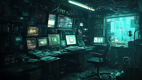 Cozy hacker hideout glowing with teal cyberpunk screens.