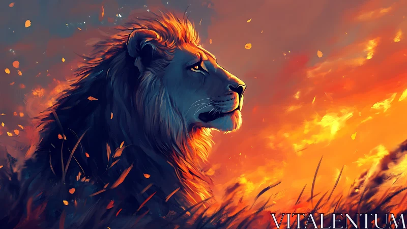 Majestic lion in profile studies blazing chromatic sunset light