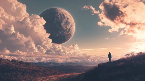 Solitary figure gazes at colossal planet beyond clouds.