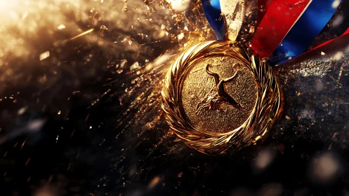 Gold sports medal with bull emblem and ribbons in light.