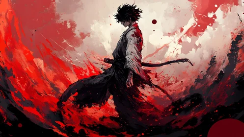 Samurai figure stands in swirling red and black energy field