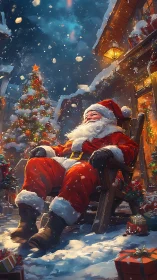 Digital painting of resting Santa in snowy village courtyard.