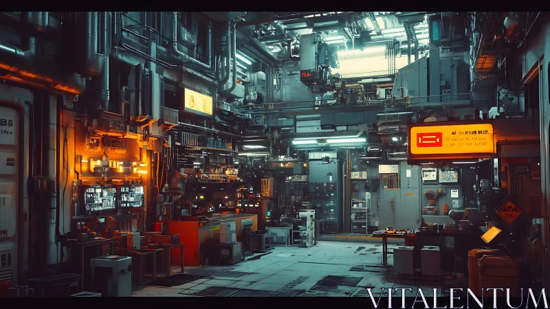 Industrial cyberpunk workshop with dense neon machinery.