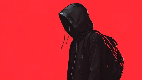 Hooded figure in black clothing is rendered on red background