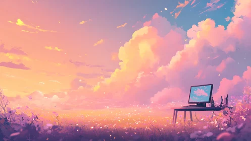 Wide pastel sky over minimalist desktop in luminous flower field