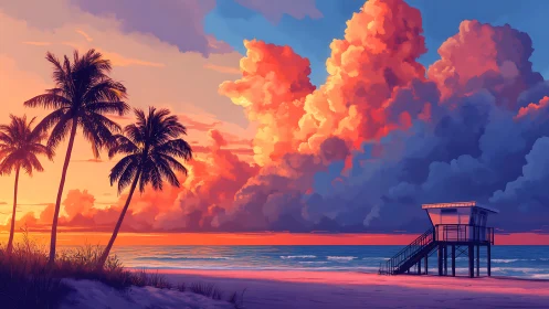 Palm trees and lifeguard tower under dense sunset clouds.