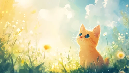 Golden kitten gazes into dreamy sunlit meadow sky.