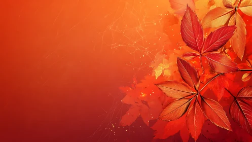 Red autumn leaves cluster against bright orange gradient