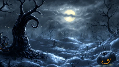 Moonlit haunted pumpkin field under twisted dead trees.