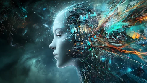 Neon thoughts stream from a serene cybernetic dreamer