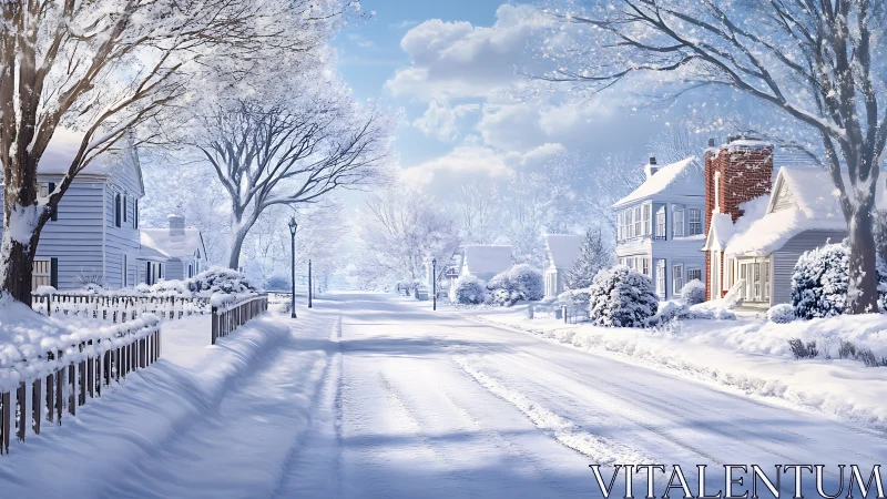 Snow covered residential street with houses and bare trees.