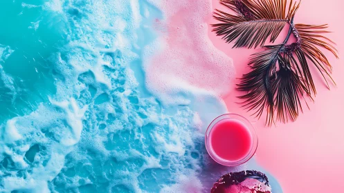 Ocean waves and cosmetics arranged on pink surface overhead