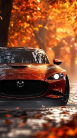 Sporty red Mazda coupe glows along a sunlit autumn avenue
