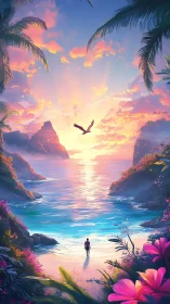 Solitary figure walks toward radiant tropical sunset horizon