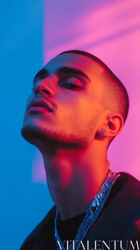 Man poses under blue and magenta neon lighting gradient