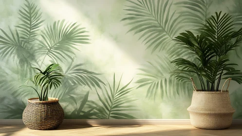 Two potted palm plants stand before a leafy mural wall