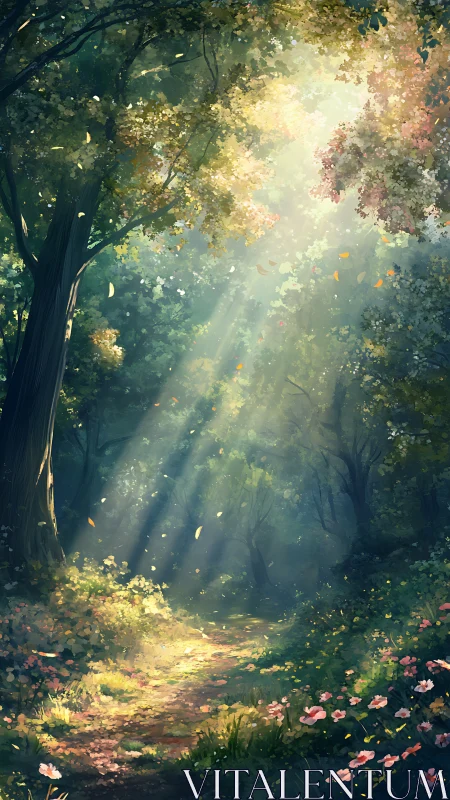 Luminescent Forest Glade with Crepuscular Light Rays and Deciduous Canopy