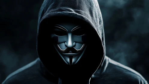 Midnight hacker in gleaming mask beneath a rain-dark hood.