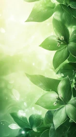 Luminous green foliage with stylized petals and bokeh glow.
