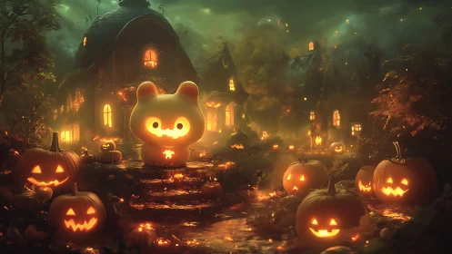 Cute jack-o’-lantern spirit guards a misty Halloween village.