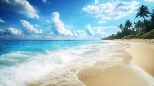 Sunlit surf whispers along a palm crowned tropical shoreline.