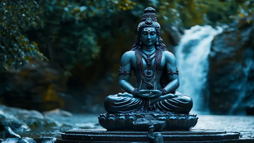 Meditative Shiva sculpture before waterfall in blue tonal lighting