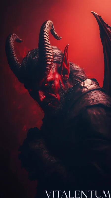 Demonic horned warrior portrait in red backlight, SFX realism
