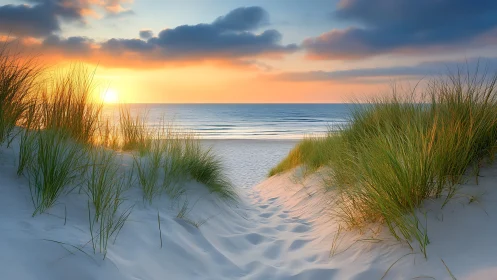 Coastal dune corridor framing low-sun maritime horizon geometry.