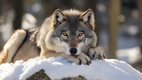 Winter-eyed wolf dreaming on a sunlit snow throne.