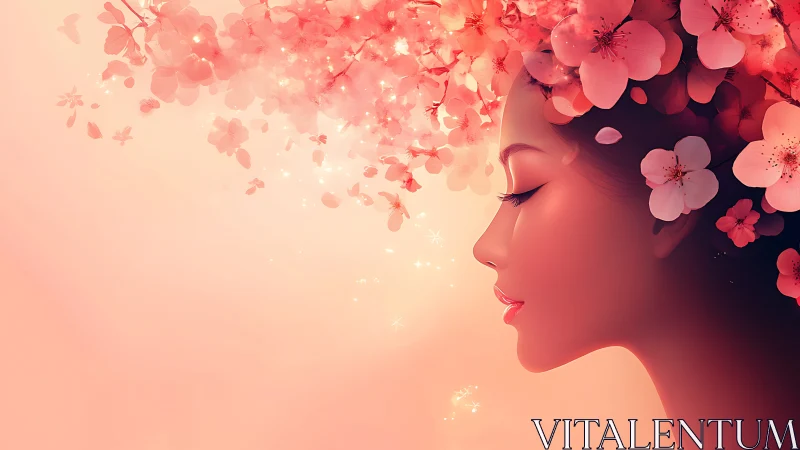 Floral silhouette portrait in soft coral and cherry blossoms.