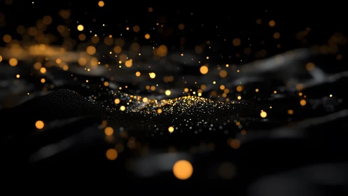 Abstract glowing gold particles over dark waves, digital art style.