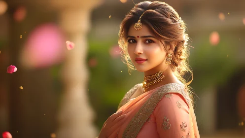Woman in traditional attire with jewelry in outdoor setting.