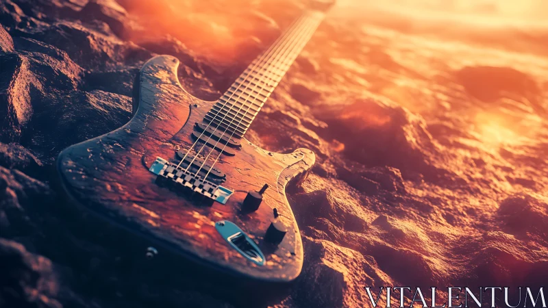 Electric guitar on rocky surface under warm light conditions.