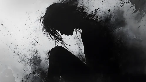 Inkstorm silhouette of sorrow curling inside grayscale quiet.