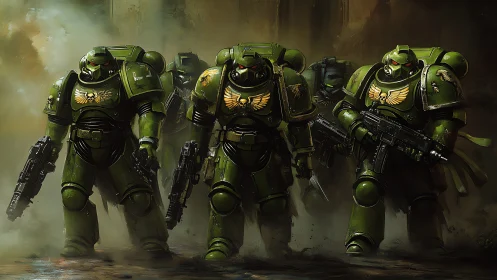 Armored green space infantry with rifles advancing forward.