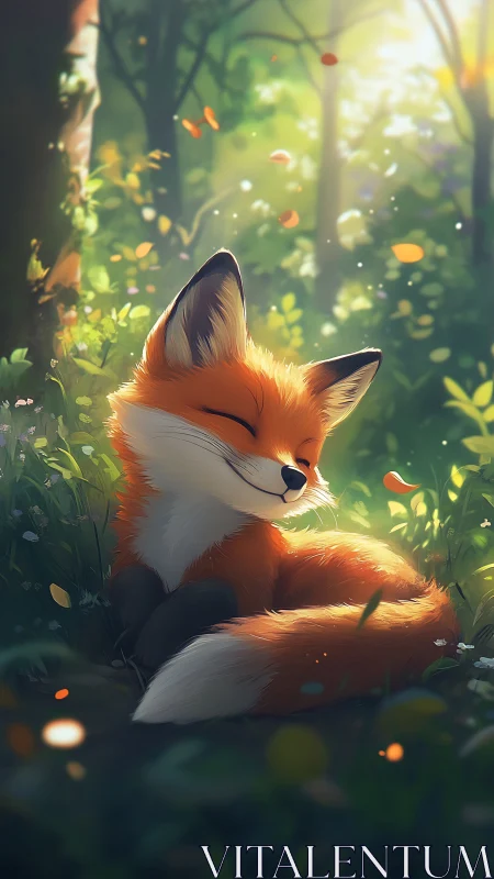 Sunlit forest fox dozing in a pocket of quiet joy.