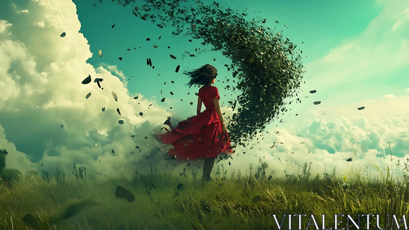 Girl in red dress facing swirling leaf vortex in sky field.