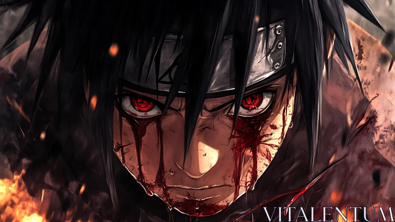 Burning-eyed warrior glares through blood and swirling ash